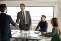 Smiling businessmen shake hands get acquainted at meeting Royalty Free Stock Photo