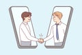 Smiling businessmen handshake online