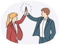 Smiling businesspeople give high five