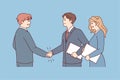 Smiling businesspeople handshake closing deal