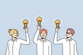 Smiling businesspeople with lightbulbs in hands