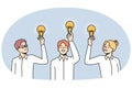 Smiling businesspeople with lightbulbs in hands