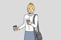 Smiling businesswoman with cellphone and takeaway coffee