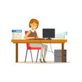 Smiling businesswoman character in a suit working on a laptop computer at his office desk vector Illustration