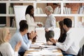 Smiling businesswoman handshake female employee greeting with success Royalty Free Stock Photo