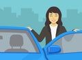 Smiling businesswoman leaning on the car door. Female driver closeup front view.