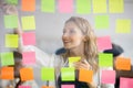 Smiling businesswoman removing sticky papers from scrum board