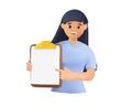 Smiling businesswoman showing folder with white mockup paper 3D character. Happy woman employee demonstrate paperwork