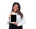 Smiling businesswoman showing tablet computer screen Royalty Free Stock Photo