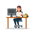 Smiling businesswoman sitting at the desk working with computer, business character working in office cartoon vector