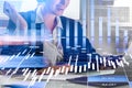 Smiling businesswoman, stock trader analyzing stock data to appl