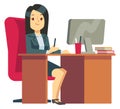 Smiling businesswoman working at desk. Happy cartoon character