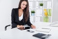 Smiling businesswoman working with tablet in white office Royalty Free Stock Photo