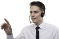 Smiling call center operator use interactive display Royalty Free Stock Photo
