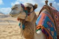 Smiling camel in desert with colorful saddle Royalty Free Stock Photo