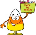 Smiling Candy Corn Cartoon Character Holds A Box With Candy And Text.