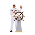 Smiling captain wearing marine uniform standing at ship steering wheel isolated on white background Royalty Free Stock Photo