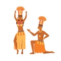 Smiling cartoon aboriginal man and woman dancing together vector flat illustration. Happy natives people in traditional