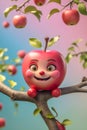 Smiling Cartoon Apple Character on Tree Branch with Bright Expression on Gentle Pastel Gradient Royalty Free Stock Photo