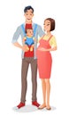 Smiling cartoon Asian family with baby in carrier and expecting another child. Vector illustration.