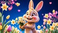 smiling cartoon bunny gently holding a bouquet of vibrant flowers, capturing the joyful essence of spring, easter, birthdays, and