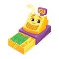 Smiling cartoon cash register with money cartoon