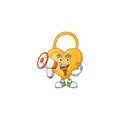 Smiling cartoon character of love padlock with megaphone