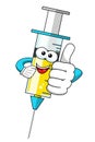 Smiling cartoon character mascot medical syringe vaccine thumb up vector illustration isolated