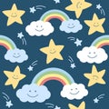 Smiling cartoon clouds, stars and rainbow on blue background. Nursery seamless pattern.