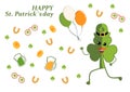 Smiling cartoon clover in hat. Greeting card. St. Patrick`s day. vector