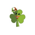 Smiling cartoon clover in hat. St. Patrick`s day. vector