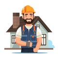 Smiling cartoon construction worker standing front house. Male builder wearing hard hat, overalls Royalty Free Stock Photo