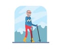 Smiling cartoon elderly man does nordic walking with sticks vector Royalty Free Stock Photo