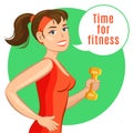Smiling cartoon girl says lets do fitness.