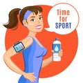 Smiling cartoon girl with water, says let's do fitness.