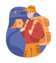 Smiling cartoon guy in hat walks at night with backpack to tent vector