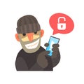 Smiling cartoon hacker holding a hacked smartphone cartoon vector Illustration