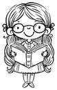 Smiling cartoon little girl with glasses standing and reading a book. Isolated line art vector illustration. Coloring book page Royalty Free Stock Photo