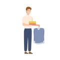 Smiling cartoon male courier delivery dry cleaning clothes vector flat illustration. Positive man worker of laundry