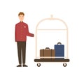 Smiling cartoon man bellman standing with luggage vector flat illustration. Joyful male baggage transportation worker Royalty Free Stock Photo