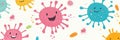 Smiling cartoon microbes floating playfully in a colorful and cheerful background. Generative AI