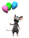 Smiling cartoon mouse holding balloons.