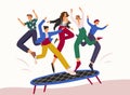 Smiling cartoon people jumping on trampoline flat vector illustration. Colorful man and woman rejoicing together having