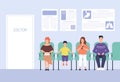 Smiling cartoon people sitting on chairs waiting doctor appointment at hospital vector flat illustration. Man, woman and Royalty Free Stock Photo