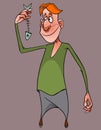 Smiling cartoon red haired man looking at fish skeleton in hand Royalty Free Stock Photo