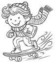 Smiling cartoon scateboard teen boy in winter clothes. Coloring book page. Isolated black and white vector illustration