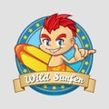 Smiling Cartoon Surfer Boy Badge Royalty Free Stock Photo