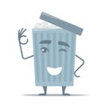 Smiling cartoon trash can shows gesture okay. Urn with crumpled paper and opened lid. Trash can cartoon character. Vector Royalty Free Stock Photo