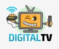 Smiling cartoon TV or computer monitor with happy face holding a remote control and TV set-top box. Digital TV logo Template. TV Royalty Free Stock Photo