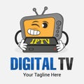 Smiling cartoon TV or computer monitor with happy face holding TV set-top iptv box. Digital TV logo Template. TV company. Creative